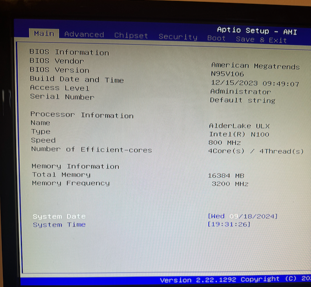 Picture of bios page.